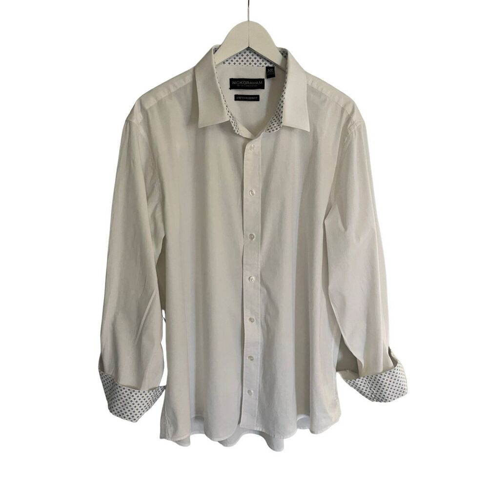 Nick Graham white 100% cotton button down shirt with patterned inner collar and